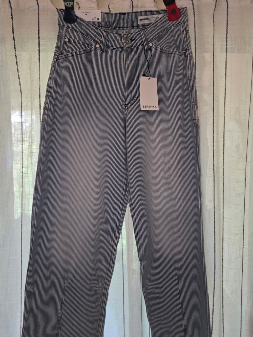 Bershka Men's Straight Jeans — Blue and White Pinstripe